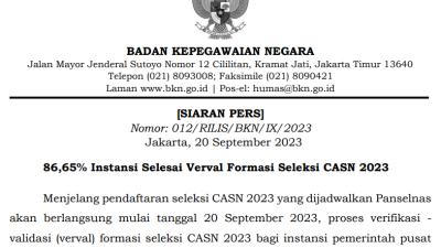 86.65% Instansi Selesai Verval Formasi Seleksi CASN 2023